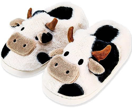 NZFUN Cow Slippers for Women and Men, Fluffy Cute Cozy Cartoon Cow Plush House Slipper Womens Cows Animal Fun Furry Kawaii Bedroom Pillow Cloud Slippers for Women Indoor and Outdoor Shoes, Black
