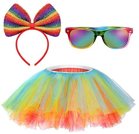 Hifot Jupe Tutu pour Femmes avec Couvre-Chef et Lunettes Arc-en-Ciel,Ballet Tulle Élastique Costume Fête Néon Soiree Fluo