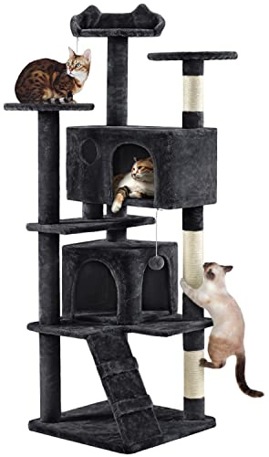 Yaheetech 178cm Cat Tree for Indoor Cats with Scratching Posts, Black | Multilevel Cat Tower, 2 Condos, 3 Perches, Sisal Posts, Ladder, Safety Strap, for Small to Large Cats, FSC-Certified
