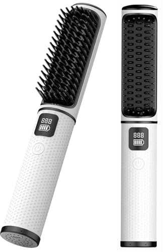 Cordless Hair Straightener Brush, 2-in-1 Mini Portable Heated Hot Comb for Women, 20S Rapid Heating 4 Temp Settings, 5000mAh 2.5H Fast Charging Travel Straightener with LCD Display (White)
