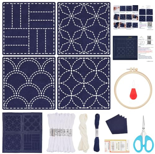 FREEBLOSS Juego de 4 posavasos Sashiko DIY con instrucciones (idioma español no garantizado), juego Sashiko preimpreso, para principiantes, proyecto de práctica Sashiko, juego de bordado tradicional