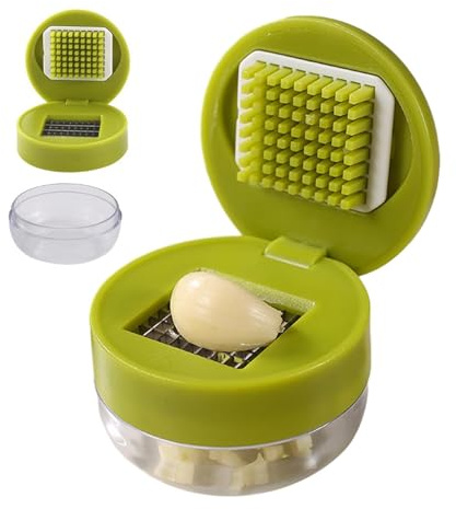 Prensa de ajos y dados de ajo, picadora manual de ajos, pequeña prensa de ajo con contenedor de almacenamiento, cortador de jengibre, exprimidor multifunción para jengibre, chile, verduras
