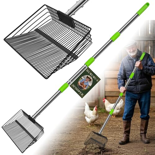 12inch Large Chicken Poop Scooper，2 Widths of Slots Litter Sifting Shovel （23 to 66），Chicken Coop Litter Scoop with Stainless Steel Handle, 4 in 1 Multifunctional Heavy Duty Chicken Coop Accessories