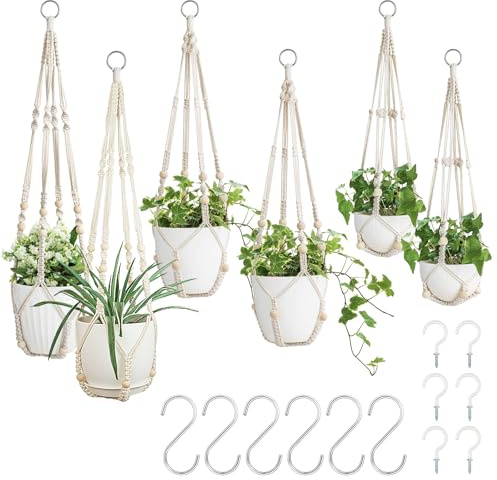 GOMETY Set med 6 makramé, blomampel, växthängare, 89/78/60 cm, växtkorg, hängande blomkrukshållare, bomullsrep med pärlor, blomkruka, växter, hållare, hängare för inomhus, utomhus, tak med krok