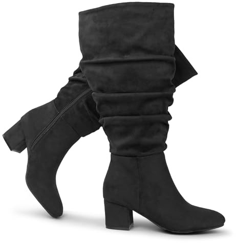 Chicblooms Bottes habillées extra larges pour femmes, bottes souples en daim à talon carré, Daim noir, EU38.5