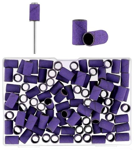 Prasacco 100 almohadillas de lijado para uñas, 240 GRIT, manguitos de lijado, fresadora de uñas, color lila, pequeñas bandas de lijado para uñas de 6,5 mm, para uñas de gel, diseño de uñas, arte de