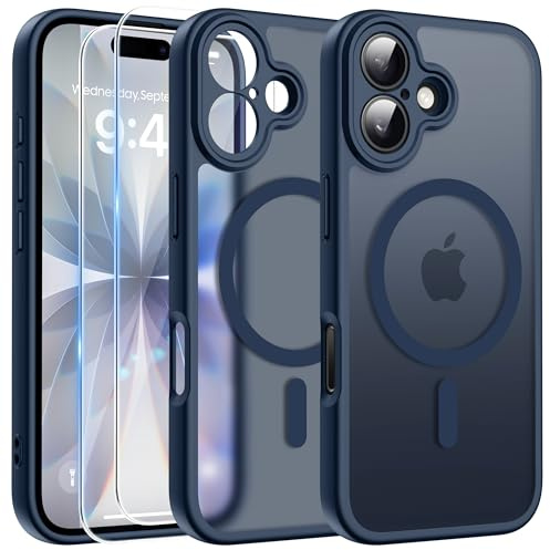 FLLAO 3 in 1 Magnetic Case for iPhone 17 with 2X HD Screen Protector, Compatible with MagSafe, Slim Shockproof Military-Grade Drop Protection, Translucent Matte Hard Back Bumper Cover, Blue
