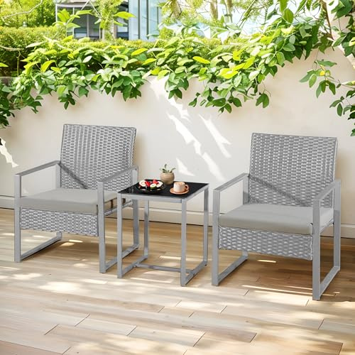 COSMO BUY 3-Piece Outdoor Garden Patio Bistro Chairs with Coffee Table, Outdoor Patio Chairs Set of 2 with Cushion and Coffee Table for Garden, Balcony, Backyard & Poolside (Grey)