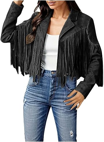 Celanisai Chaqueta de piel sintética para mujer, de manga larga, con borla, hippie, vaquera, cowboy, carnaval, disfraz, abrigo, chaqueta de moto, chaqueta de otoño, chaqueta de entretiempo