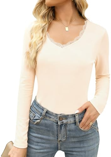 Crewhpo Camiseta Manga Larga Mujer Básica Túnica Top con Encaje Cuello en V | Capa Base, Tacto Suave, Ajuste Flexible, Tejido Elástico, Uso Diario, Otoño Invierno, Estilo Elegante, Calor Ligero