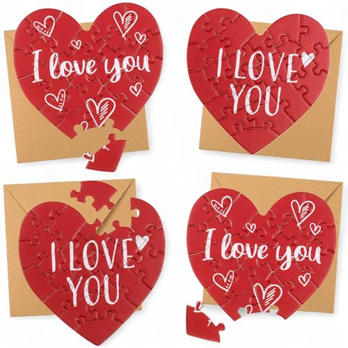 MIJOMA Set di 4 biglietti di auguri puzzle con buste, a forma di cuore e quadrati con 20 pezzi, amore, compleanno, Natale, biglietti di auguri originali per puzzle e regali (Love-Edition)
