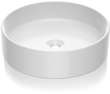 Round Ceramic Vessel Sink, White Glossy Countertop Bathroom Vanity Bowl, 17.7x17.7 Inch Circular Porcelain Wash Basin, Above Counter Drop-In Installation for Modern Vanities