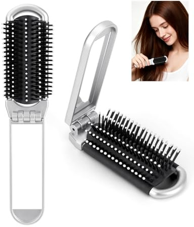 KRVNTH Lot de 2 | Mini Brosse à Cheveux Pliable avec Miroir | Brosse de Voyage Compacte Portable pour Coiffure Rapide Hommes Femmes Enfants | Sac & Poche