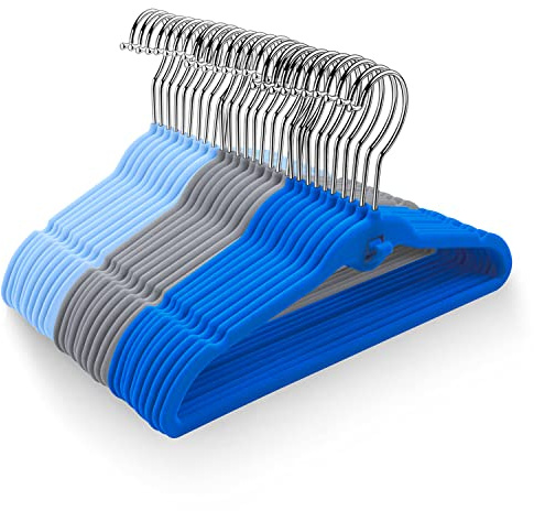 Pack of 30 Kids Velvet Hangers, Non-Slip Space-Saving with Cascading Mini Hooks, Multi-Color (Navy Blue, Light Blue and Grey) Baby and Toddler Clothes Organization