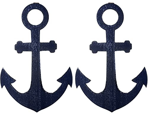 Jetec 2 Pieces 13 Wooden Anchor Shape Wall Decor Blue Nautical Wall Art Hanging Ornaments Beach Theme for Home Room Display