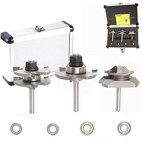 Sinoprotools Tongue and Groove Router Bits 1/4 Inch Shank, 3 Pcs 45 Degree Lock Miter Glue Joint Router Bit +Tongue Groove 3 Teeth T Shape Router Bit Set in Aluminum Case for Woodworking Gift,DIY