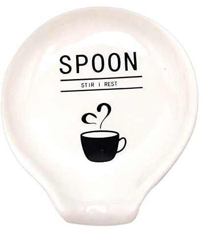 GORGECRAFT Coffee Spoon Holder Stir I Rest Mini Ceramic Spoons Rests Creamy White Porcelain Flat Round Funny Word Pattern Holders for Tea Cafe Bar Women Men Gifts Station Decor Accessories