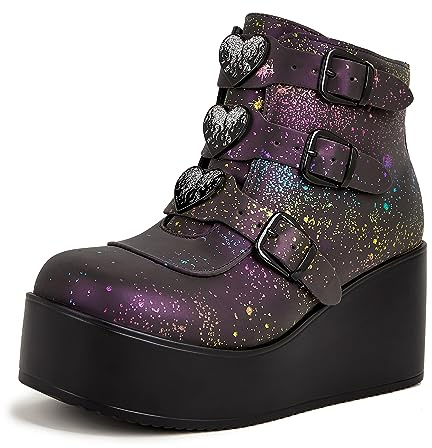 LUCKY STEP Women Platform Chunky Ankle Boots - Round Toe Zipper Wedges High Heels Rave Buckle Thick Sole Goth Booties (Navy Reflect,10 B(M) US)