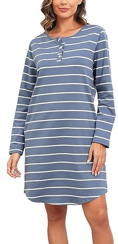 Lovasy Nighties for Women Cotton Nightdresses for Women UK Stripe Long Sleeve Nightdresses & Nightshirts with Pockets