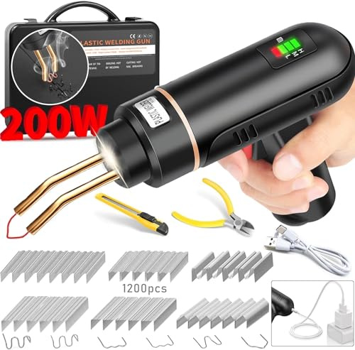 VTSHENY Fer à souder en plastique, USB rechargeable avec batterie 5000 mAh, sans fil, en plastique, 1 200 pièces, 6 types d'agrafes, kit de réparation de pare-chocs