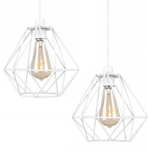 2 Pack White Cage Metal Basket Ceiling Light Shade, Ceiling Fitting Light & Industrial Style Ring Light for Indoor Pendant Light Shade with lamp Shade Reducer Ring (2 Pack White)