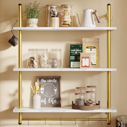 Bestier 31 Industrial Pipe Shelving, Floating Kitchen Wall Shelves 3 Tier Coffee Bar Shelves for Wall with 8 Hooks, Hanging Display Shelf Bookshelf for Living Room Bathroom, White Marble