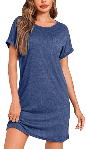Leversic Camisón Mujer Camisón de Manga Corta Enrollado Camisones de Jersey con Cuello Redondo Vestido Tipo Camiseta Ropa de Estar por Casa Suave(Azul Oscuro,M)