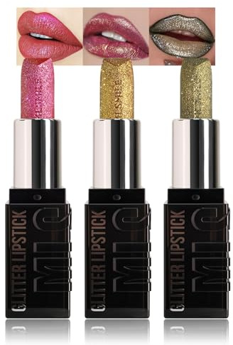 Set di rossetti glitterati, 3 colori metallizzati con brillantini, rossetti lucidi con luccichio perlescente, rossetto rosa oro bronzo, set di rossetti impermeabili e durevoli, trucco labbra