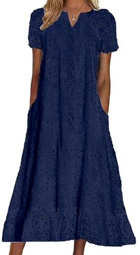 chouyatou Women Summer Ruffle Hem Floral Lace Eyelet Dress Casual Notch Neck Midi Tunic Dress with Pocket (XX-Large, Navy Blue)