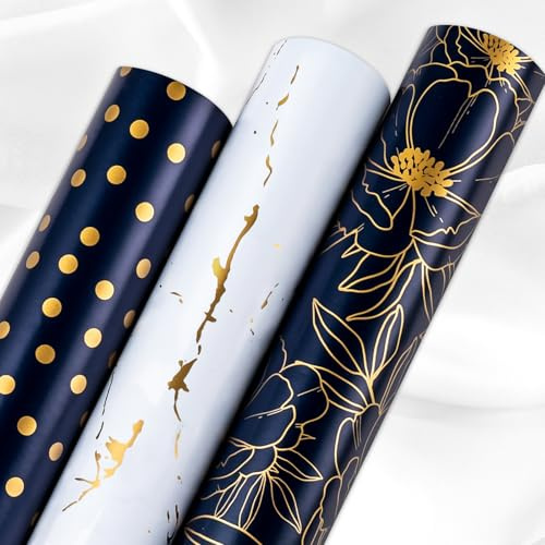 Wikadlik Geschenkpapier, 3 Mini-Rollen, luxuriös, Marineblau und Gold, Punkte/Marmor/Blumen-Design, für Geburtstag, Vatertag, Weihnachten, 43,5 cm x 3 m pro Rolle