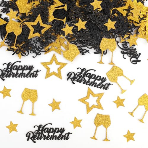 100pcs Gold Confetti, 4 Design Happy Retirement Confetti Wine Glass Five-Pointed Star Letters Birthday Table Decorations Gold Table Scatter for Wedding Office Farewell Party Celebration Supply
