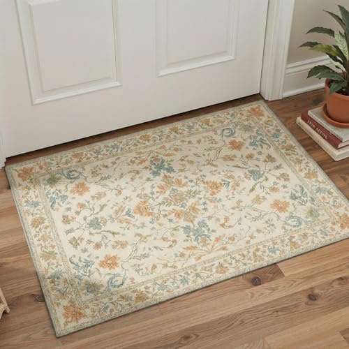 BEIMO Tapis Entree Interieur Vintage 60x90cm Lavable en Machine | AntidéRapant Poil Ras, pour Chambre Salle a Manger Descente de Lit Bureau, Cuisine,Crème Pêche et Bleu Pâle