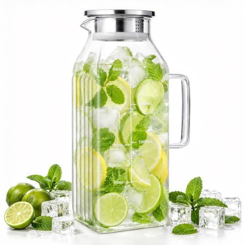 Aofmee Water Jug for Fridge Door, 2L Square Glass Jug with Lid and Scale Line Leak Proof Sangria Jugs Borosilicate Glass Pitcher Carafe for Ice Tea