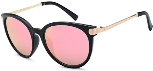 styleBREAKER Damen Sonnenbrille in Katzenaugen Cat-Eye Form, Kunststoff Vollrand Gestell und Metall Bügel 09020073, Farbe:Gestell Schwarz-Gold/Glas Pink verspiegelt