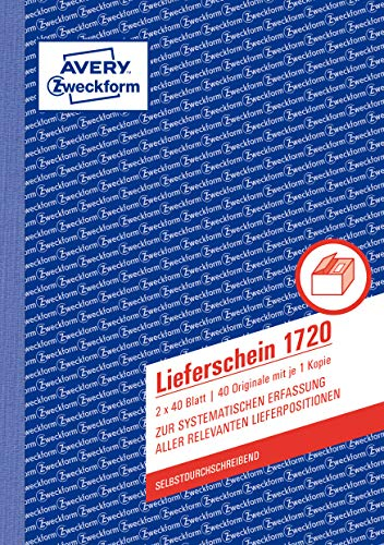 AVERY Zweckform 1720 Lieferschein (A5, 2x40 Blatt, selbstdurchschreibend mit farbigem Durchschlag, zur systematischen Erfassung aller relevanten Lieferpositionen) 15er Pack