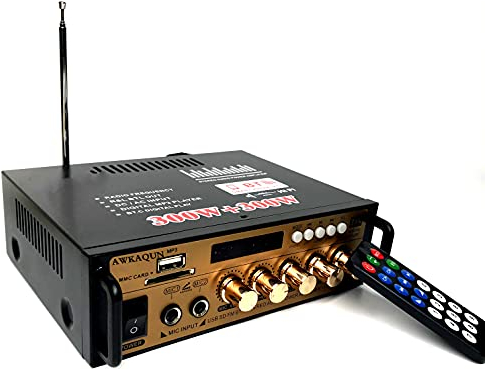 Mini Amplificateur de Puissance Bluetooth, 300W + 300W Stéréo Hi-FI Digital Numérique Amp avec entrée USB/Bluetooth/FM, Mixer Karaoke, avec Télécommande IR pour Voiture et Maison