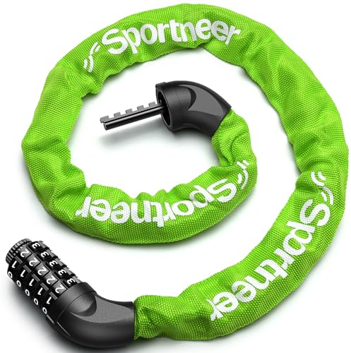 Sportneer Fahrradschloss, Zahlenschloss mit Zahlen und hoher Sicherheitsstufe Kettenschlösser Fahrrad 5-stellige Rückstellbar Radabsperrung mit Kette aus Gehärtetem Stahl 6 MM x 100/110/120CM