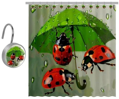 Eslifey Cortina de ducha con 10 ganchos para cortina de ducha, paraguas verde y pintura de mariquitas, cortinas de ducha para baño, 66 x 72 pulgadas