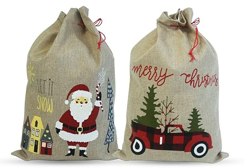 Conjunto de 2 Sacos Navideños - Bolsas de Regalo Medianas con Cordón 35x50 cm - Bolsas de Navidad Reutilizables para Regalos y Decoración. Dos Diseños en un Solo Paquete