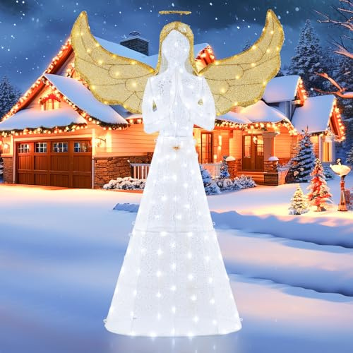 COSTWAY Angelo Natalizio Illuminato da Esterno 155 cm, 3D Angelo Luminoso con Aura, Ali e 150 Luci LED, Decorazione Natalizia per Giardino, Cortile e Prato (Modello 7)