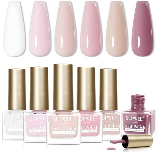 SUPWEE Nail Polish Set - 6 Colors Quick Dry White Nude Pink Nail Varnish Oil Base Nail Polish for Nail Art Home Salon 7ML