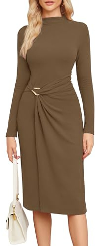 Newshows Jumper Dress for Women UK Long Sleeve Mock Neck Elegant Bodycon Pleated Winter Autumn Maxi Dresses -L Brown