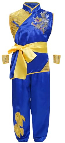Oyolan Tenue Arts Martiaux Enfant Garçon Fille Chinois Traditionnel Tai Chi Vêtement Kung Fu Bleu 9-10 ans