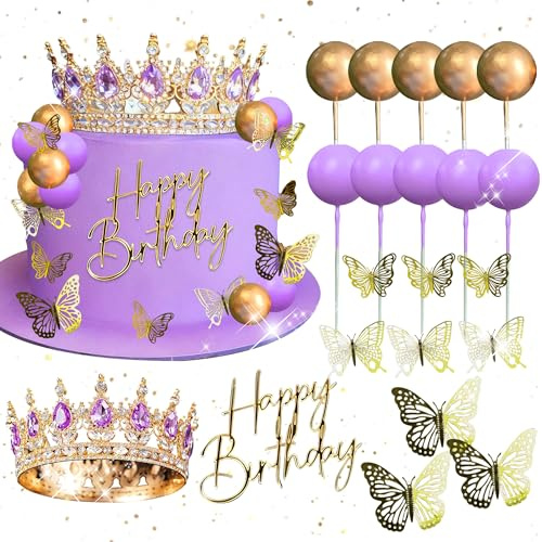 corona viola come decorazione per torte palline dorate corona di compleanno targa a farfalla dorata per compleanno o baby shower