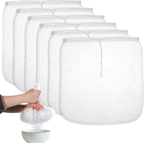 6 Stück Passiertuch Wiederverwendbar Nylon Nussmilchbeutel, Nussmilchbeutel zum Sieben, Feingewebt Passiertuch Nylon Filterbeutel, Nussmilchbeutels mit Kordelzug für Käse, Kaffee, Joghurt (30 x 30 cm)