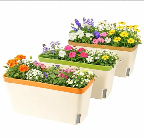 Set of 3 Flower Pots Self-Watering Plant Pots Rectangular 10.5 Inch Herb Planters with Drainage Hole Hidden Tray with Drainage Plastic Indoor Outdoor Garden Balcony Office Patio Planter Boxes