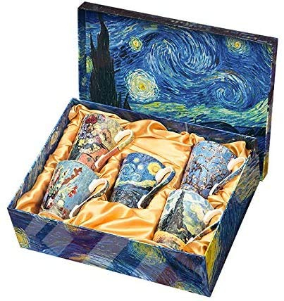Van Gogh Tee-Set, Set mit 4 Gläsern mit wunderschön bemalter Van Gogh Art, feines Knochenporzellan, Van Gogh Tassen, Set von 4 - 227 ml von Gute Kitchen