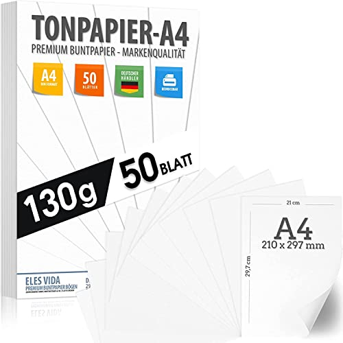 50 BLATT weißes Tonzeichenpapier 130g/m² - PREMIUM PAPIER Reinweiß - DIN A4-21 x 29,7 cm - Druckerpapier Weiss unbedruckt für Fotografie, Präsentationen, Basteln, FOTOKARTON, Karton - MADE IN GERMANY