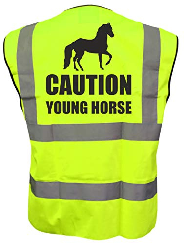 Equestrian CAUTION YOUNG HORSE Hi Viz Vis Vest Horse Riding Reflective Waistcoat Jacket Road Safety Visibility Yellow Large