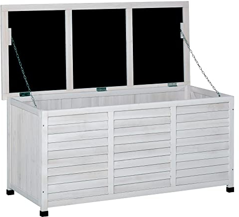 Outsunny Baúl de Almacenaje Exterior 284L Arcón de Jardín de Madera Impermeable con Tapa Abrible y Diseño Persiana 127x56x60 cm Blanco